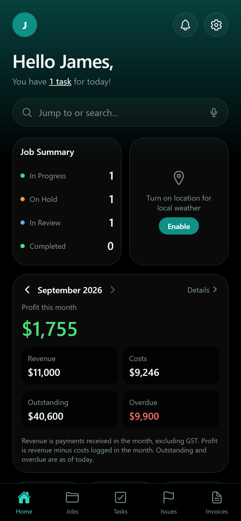W One home screen with a monthly profit summary