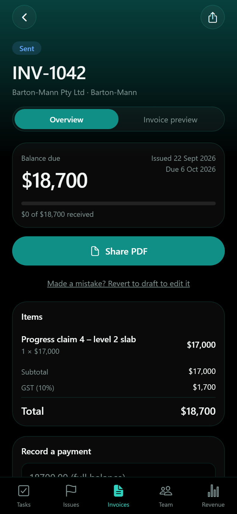 Invoice detail with GST, total and a Share PDF button