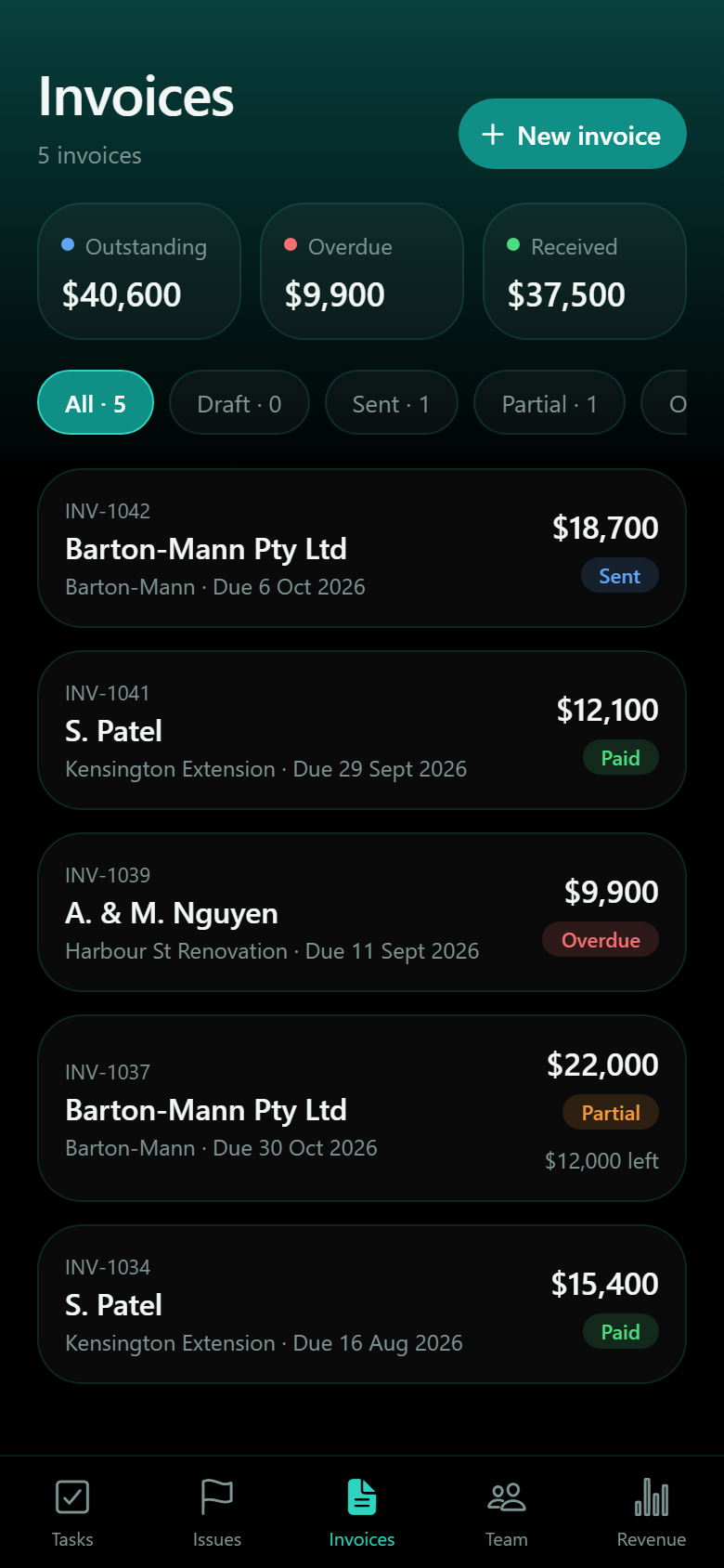 Invoice list with paid, sent and overdue statuses